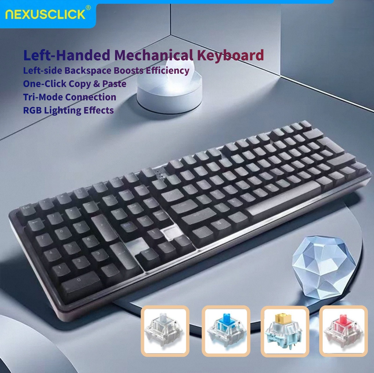 Gaming Keyboard No Number Pad - Clavier mécanique ergonomique NexusClick pour gaucher,
